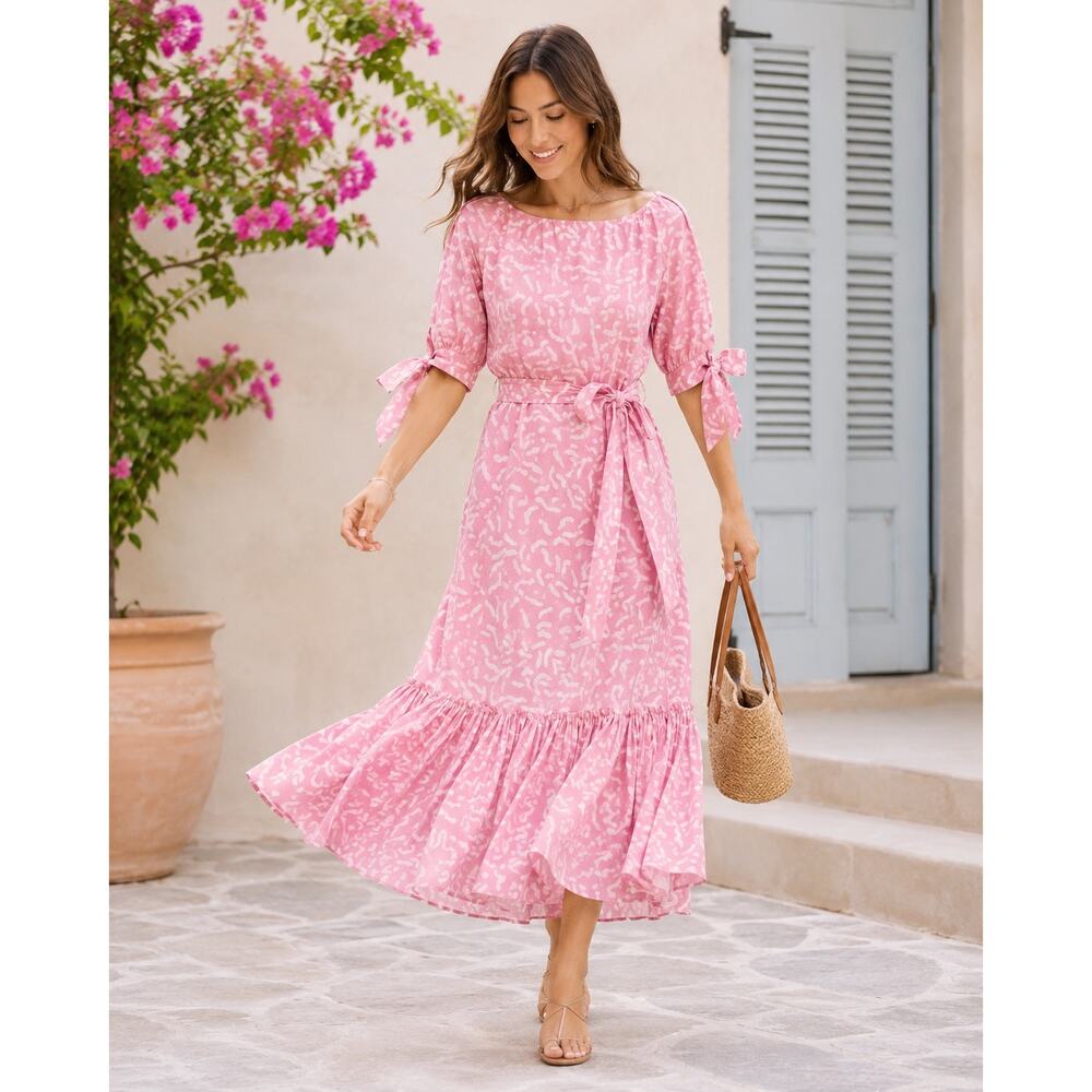 MIRTH Handmade Pink Abstract Print Belted Maxi Dress XS - Picture 4 of 8